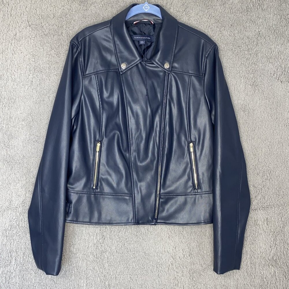 Tommy Hilfiger Navy Women's Sz L Faux‎ Leather Jacket ‘Flaw” Read Desc